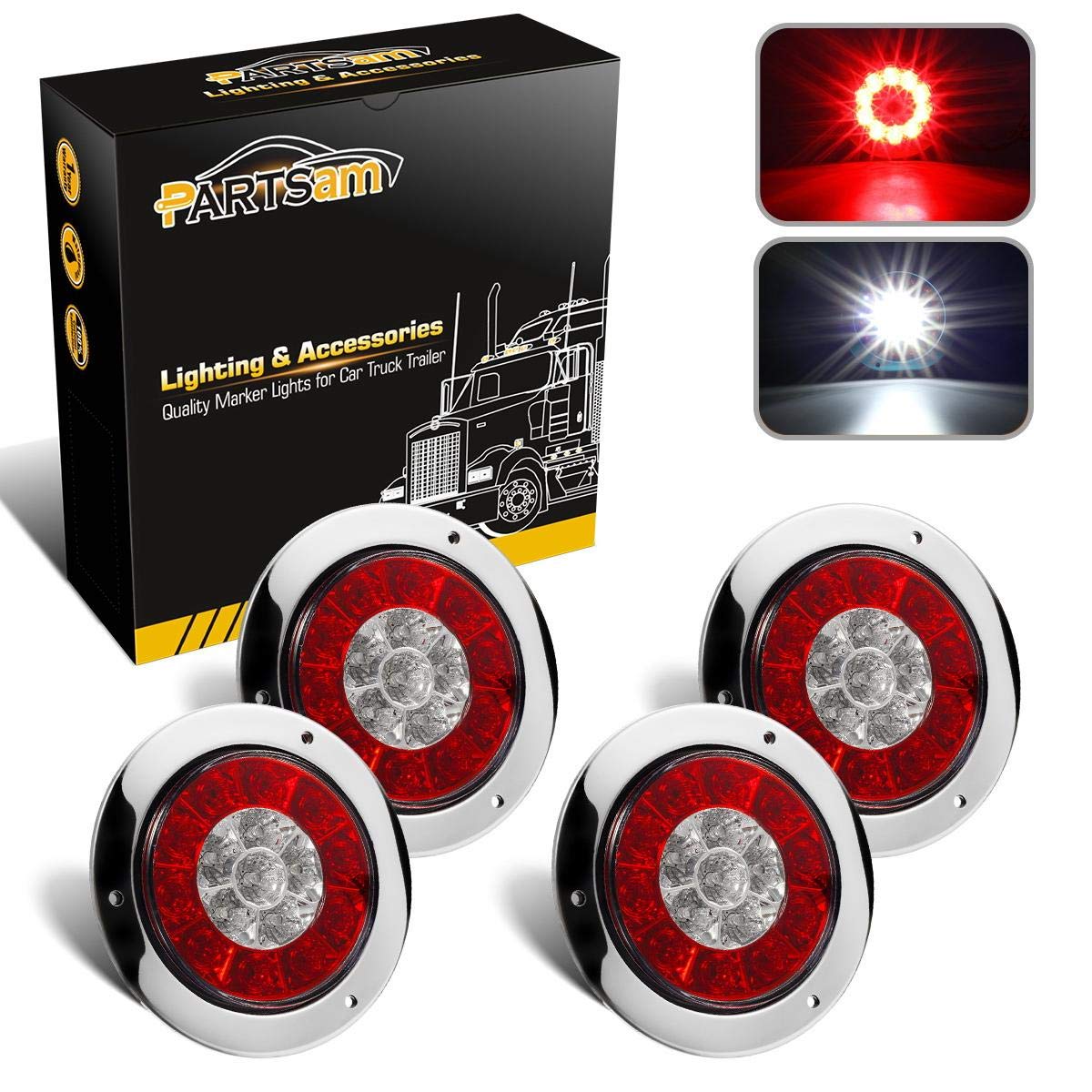 Partsam 4Pcs 4 Inch Round LED Trailer Tail Lights - White & Red Flange Mount with Reflectors, 16 LED DC 12V Waterproof Stop Brake Tail Running Reverse Backup Lights for RV Trailer Trucks - Perfect for Night Driving and Enhanced Road Safety