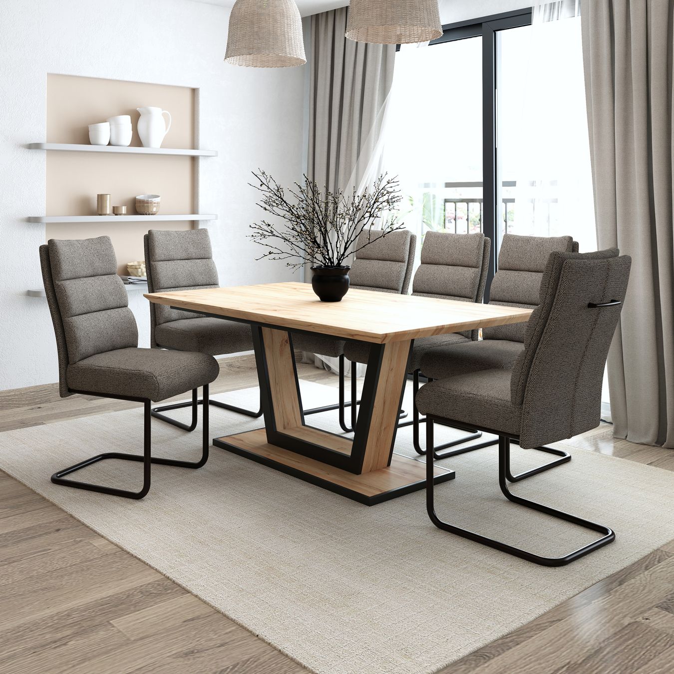 Forna/Brodi 7-Piece Dining Set - Natural Wood Table with Charcoal Chairs for Kitchen, Dining Room & Outdoor Patio