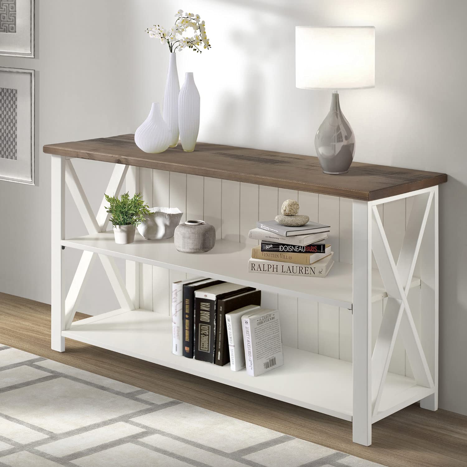 Delacora BDS52LCSWWH 52-Inch Wide Coastal Farmhouse Console Table - Rustic Pine Entryway Sofa Table for Hallway, Living Room & Foyer - Open Concept Design with Storage Shelf