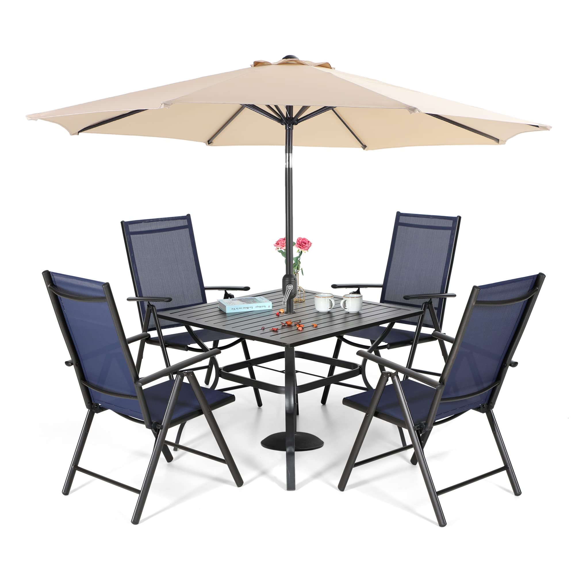 Sophia & William 5-Piece Outdoor Patio Furniture Set with 9 ft Beige Umbrella - Navy Folding Sling Chairs & Square Metal Table with 1.57