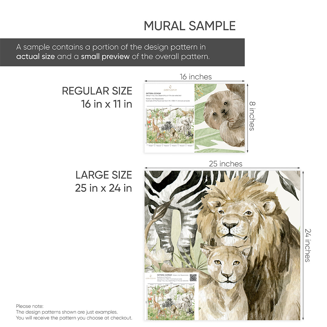 Watercolor Safari Animal Wall Mural CCM069 - Jungle Theme Nursery Decor, Kids Room Art, Playroom Wallpaper