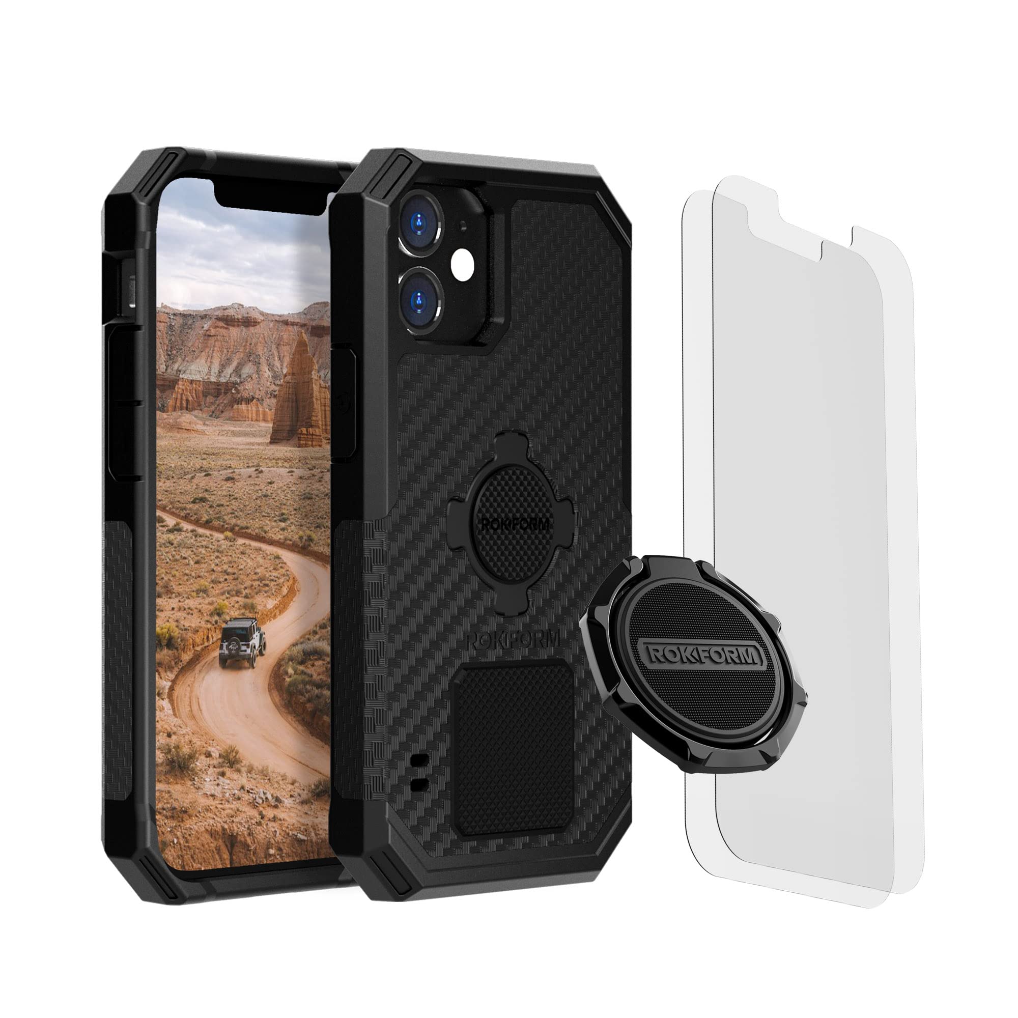 Rokform iPhone 12 Mini Rugged Case with Magnetic Sport Ring Stand & Grip + 2-Pack Screen Protector Kit - Durable Protection for Outdoor Adventures, Workouts, and Daily Use