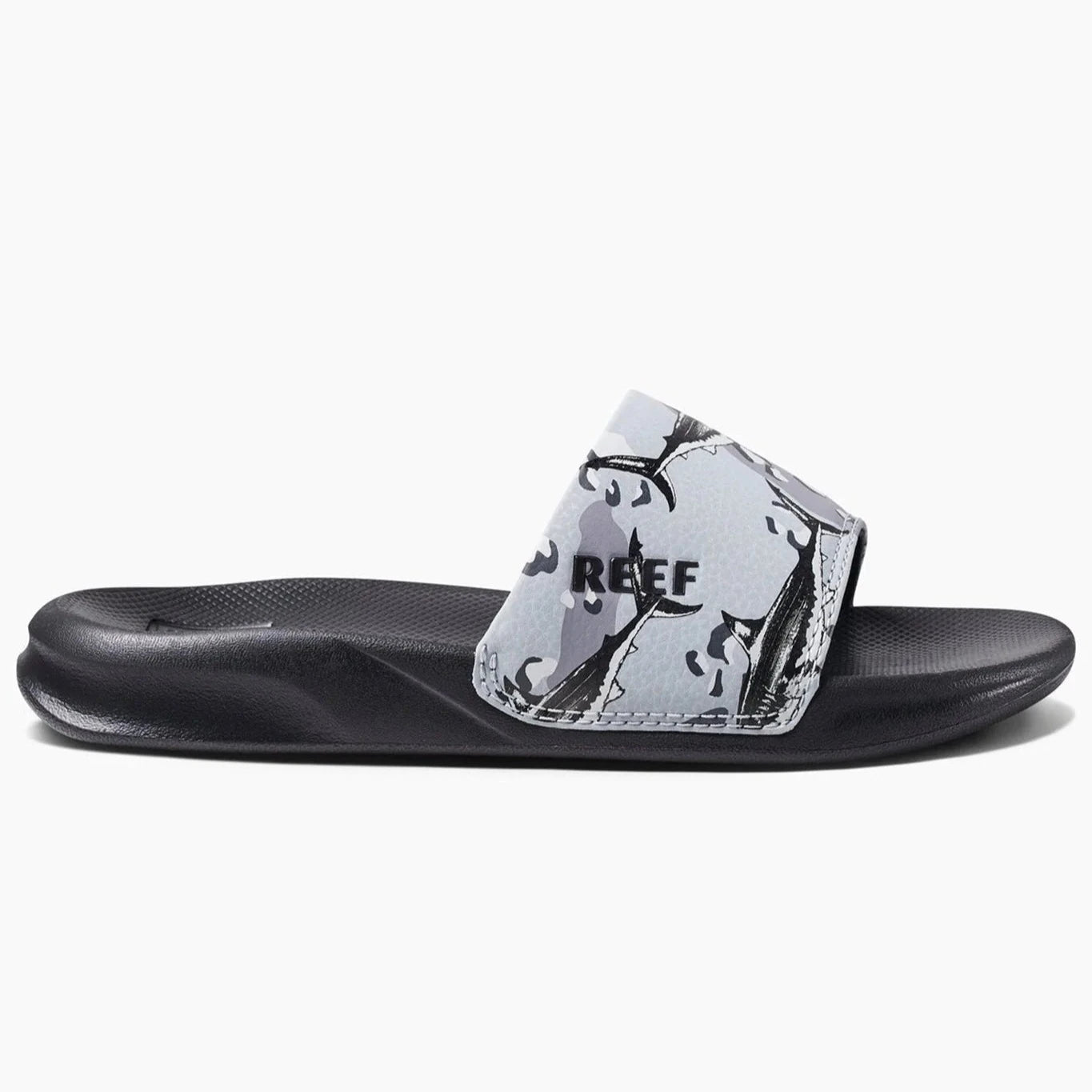 Reef Grey Camo Shark Kids' Slide Sandals - Comfortable & Durable Beach & Pool Shoes for Boys & Girls - Perfect for Summer, Swimming, and Outdoor Play