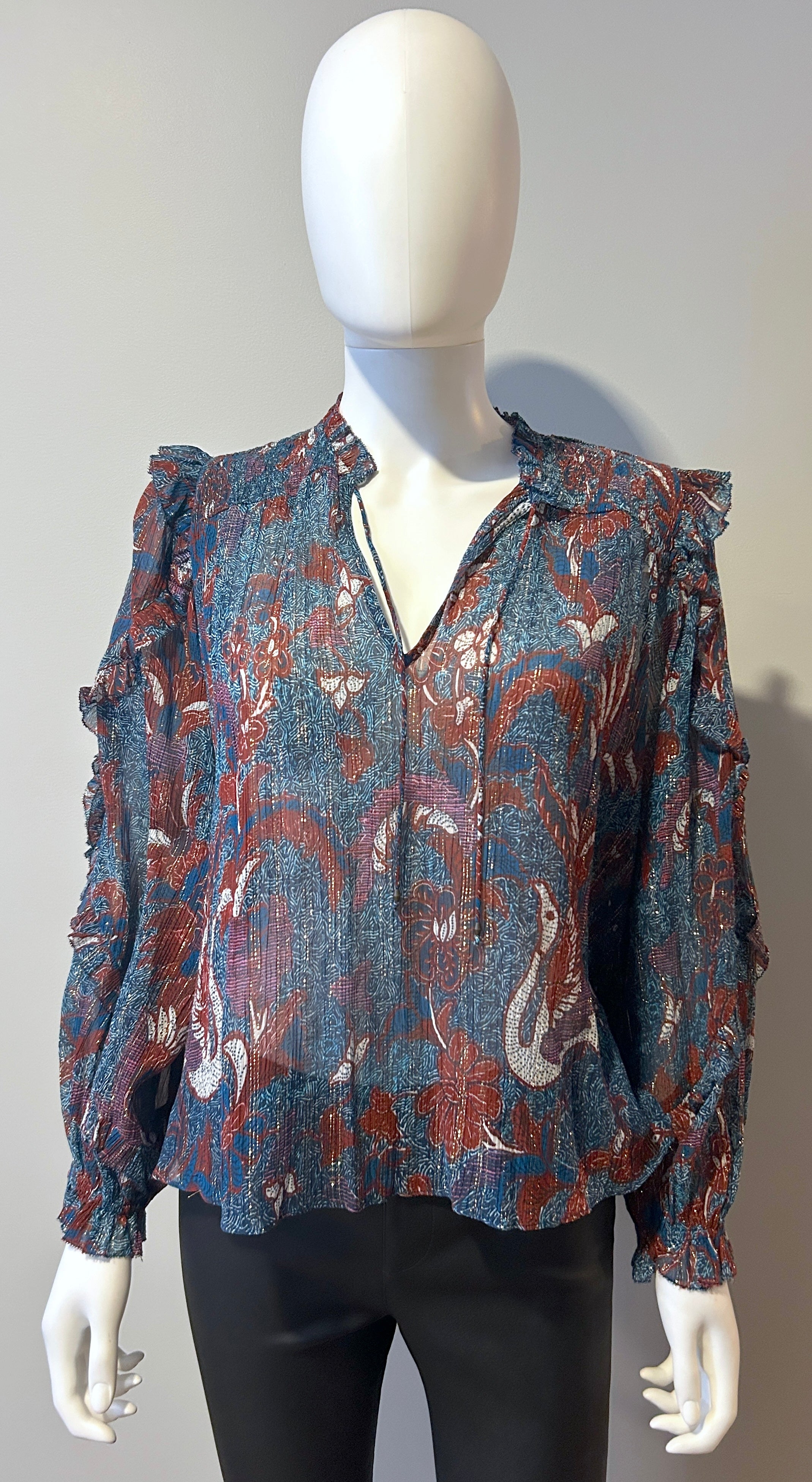 Ulla Johnson Red and Teal Floral Lurex Ruffle Blouse - Women's Size 2 - Elegant Party Top for Weddings, Cocktail Events & Date Nights