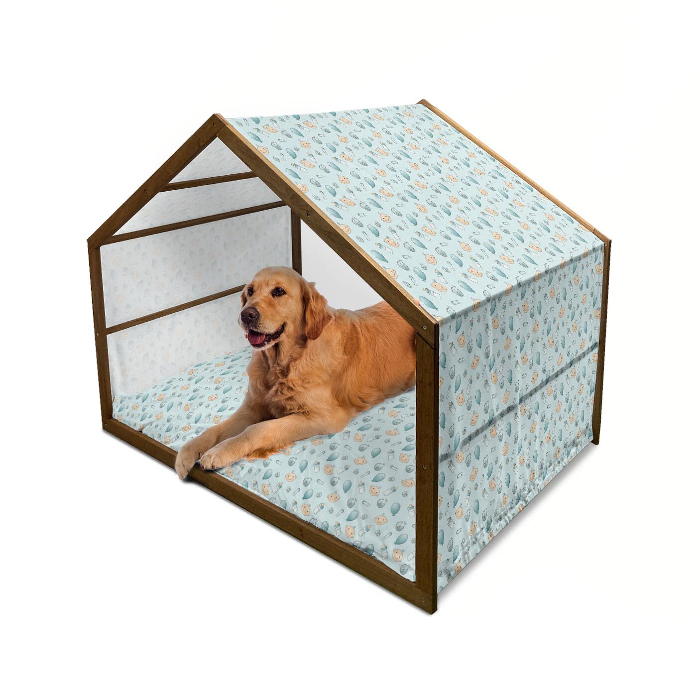 Ambesonne Cartoon Wooden Dog House with Balloons, Pacifiers & Milk Bottles Design - Indoor & Outdoor Portable Pet Kennel with Pillow & Cover - X-Large Size in Pale Blue, Turquoise & Tan - Perfect for Puppies, Small Dogs & Backyard Playtime