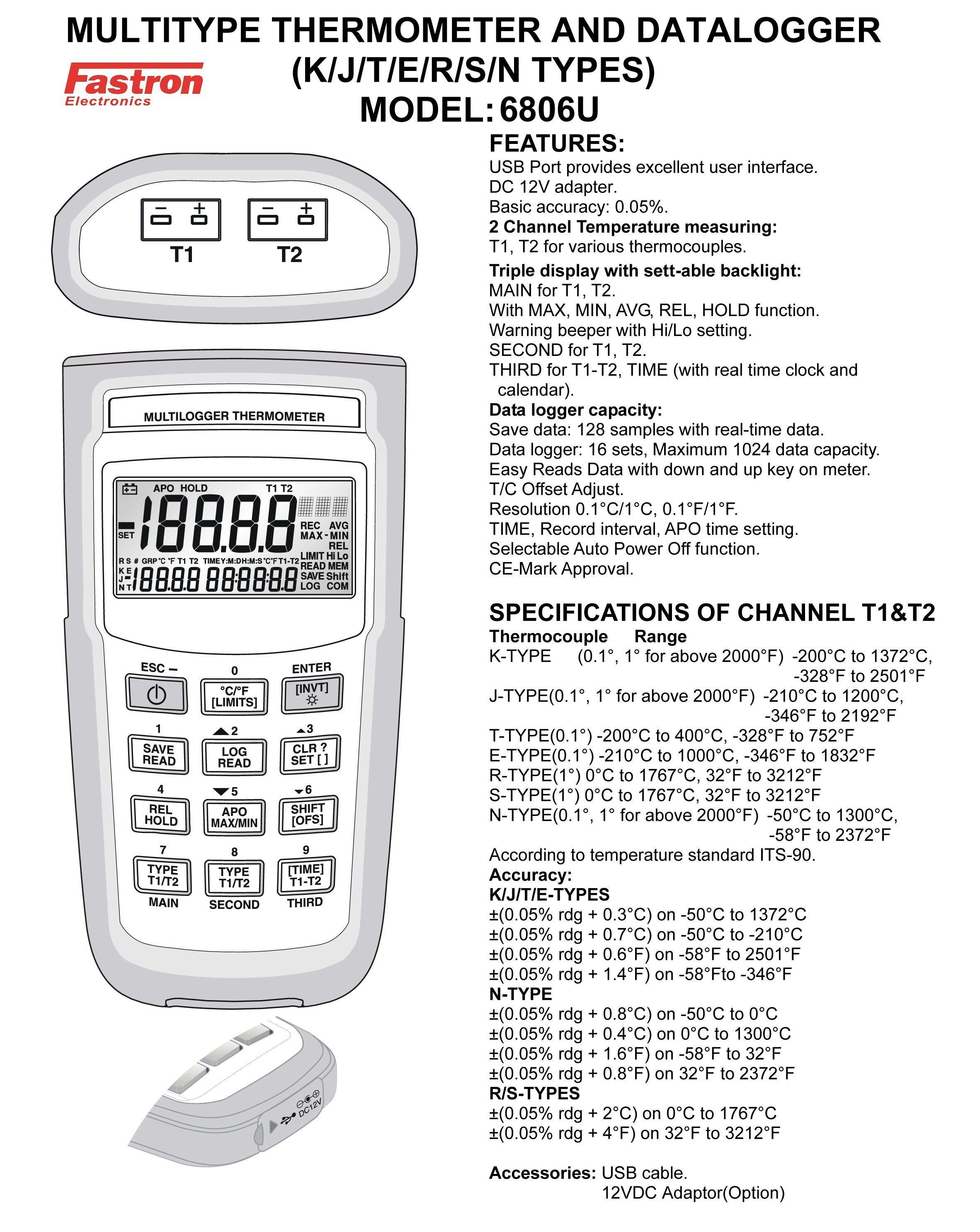 6806U USB Battery-Powered Dual Thermocouple Input Temperature Data Logger - Perfect for Food Safety Monitoring, HVAC Systems & Industrial Process Control