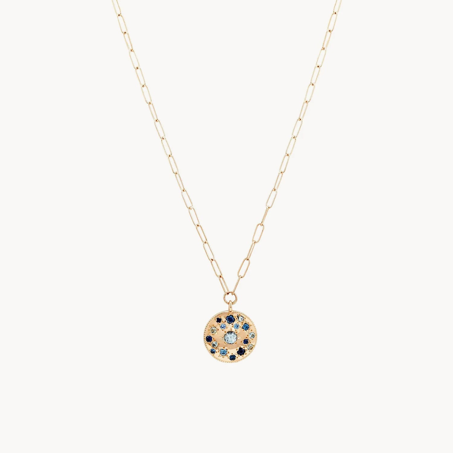 14K Yellow Gold Tie Dye Moonchild Medallion Necklace with Blue Sapphire – 20 Inch Boho Chic Jewelry for Women, Perfect for Festivals, Beach Parties & Layered Necklace Styling