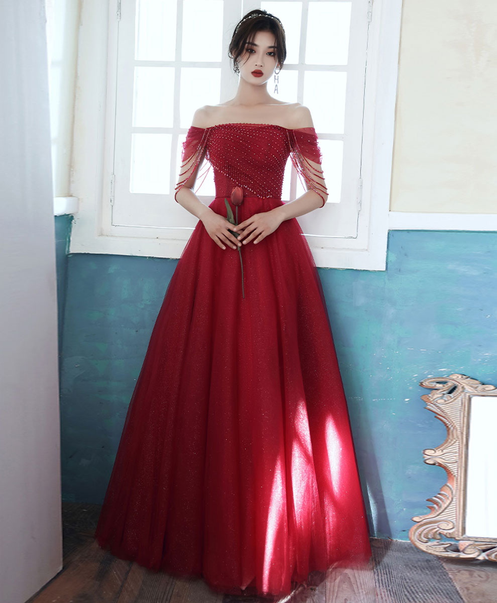 Elegant Burgundy Tulle Off-Shoulder Long Prom Dress with Beading - Perfect for Graduation, Homecoming & Formal Events