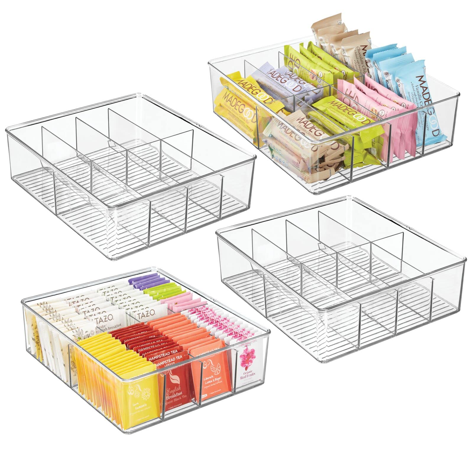 mDesign Plastic Extra Wide Storage Organizer Bin Box - 8 Section Clear Kitchen Pantry Organizer for Tea Bags, Sugar Packets, Coffee Snacks & Condiments - Cabinet & Countertop Storage Solution - Ligne Collection (4-Pack) - Perfect for Pantry Organization, Spice Storage & Kitchen Counter Decluttering