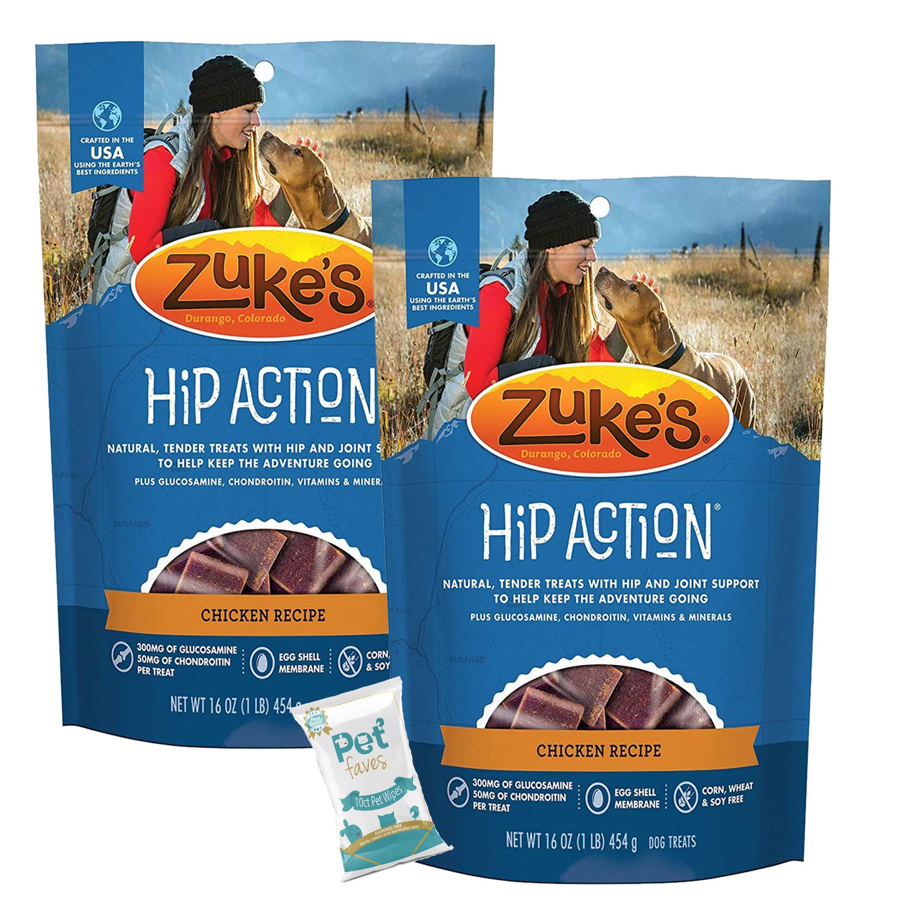 Zuke Natural Hip & Joint Chicken Recipe Dog Treats - 2 Pack (1lb Each) + 10ct Wipes | Grain-Free Joint Support for Dogs | Perfect for Training, Rewards & Senior Dogs with Mobility Issues
