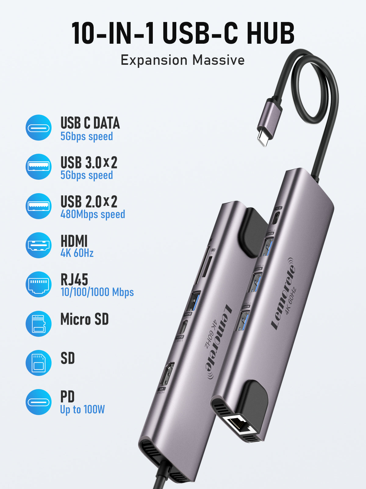 LEMORELE™ TC46 10-in-1 USB C Hub with 4K HDMI, USB 3.0, SD/TF Card Reader, PD Charging - Perfect for MacBook Pro/Air, Dell XPS, iPad Pro & More (Home Office, Travel, Gaming)