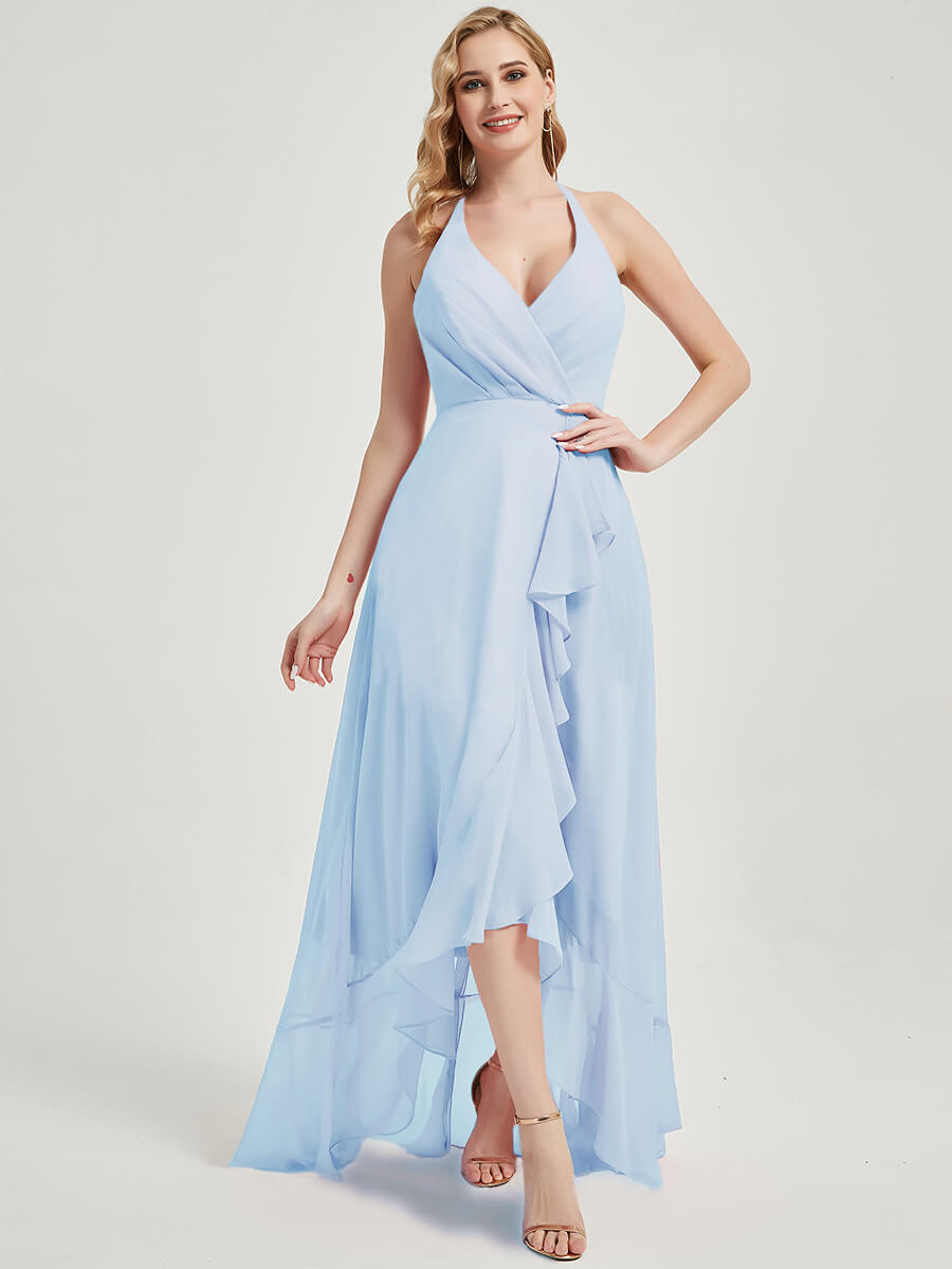 Cornflower Blue Halter Backless High-Low Chiffon Bridesmaid Dress - Elegant Formal Gown for Weddings, Prom & Special Occasions