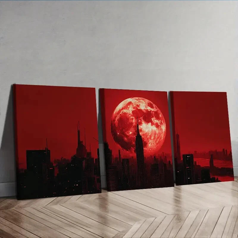 3-Piece Big Red Moon Cityscape Wall Art Set - Framed Canvas Prints 40x60cm (16x24in) - High Quality Australian Made Wall Decor - Perfect for Living Room, Bedroom & Office Decor