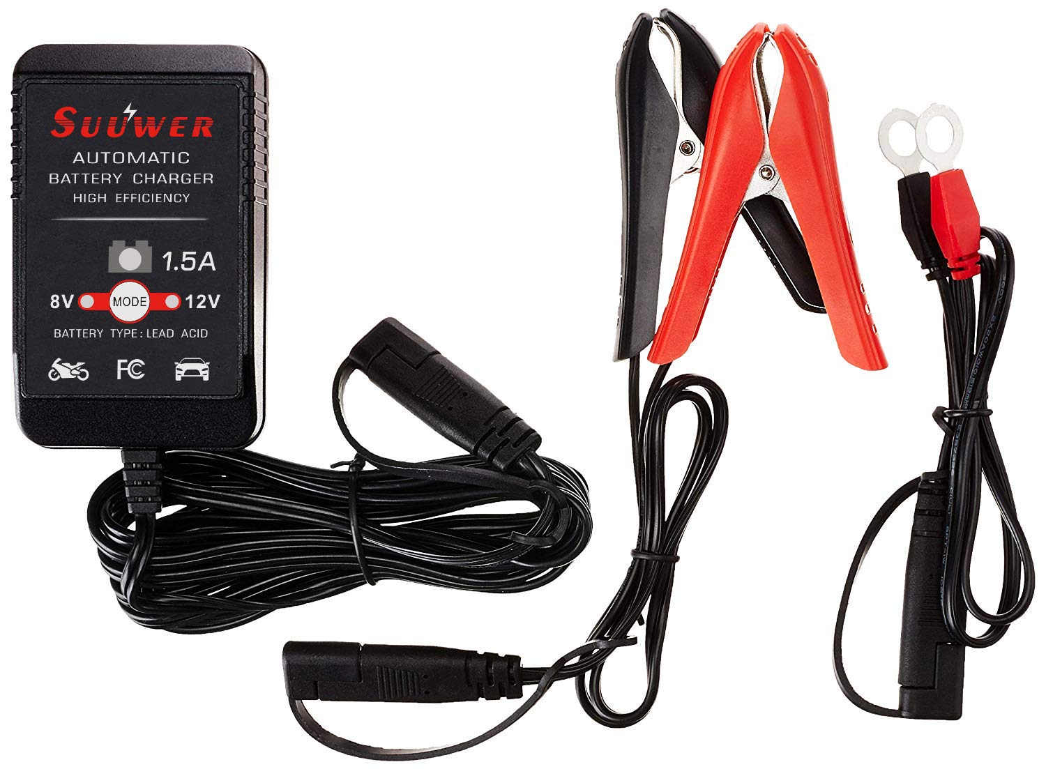 1.5-Amp 8V/12V Fully-Automatic Smart Battery Charger & Maintainer for Motorcycle, Golf Cart, Car, Lawn Mower - Keep Your Vehicles Ready Year-Round (Ideal for Seasonal Storage, Winter Maintenance & Long-Term Battery Care)