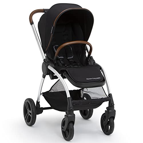 Delta Children Revolve Reversible Stroller - Lightweight Baby Stroller with Leather Handlebar, One-Hand Fold, Shock-Absorbing Frame, Reclining Seat & Adjustable Footrest - Perfect for Newborns, Toddlers & Travel (Black)