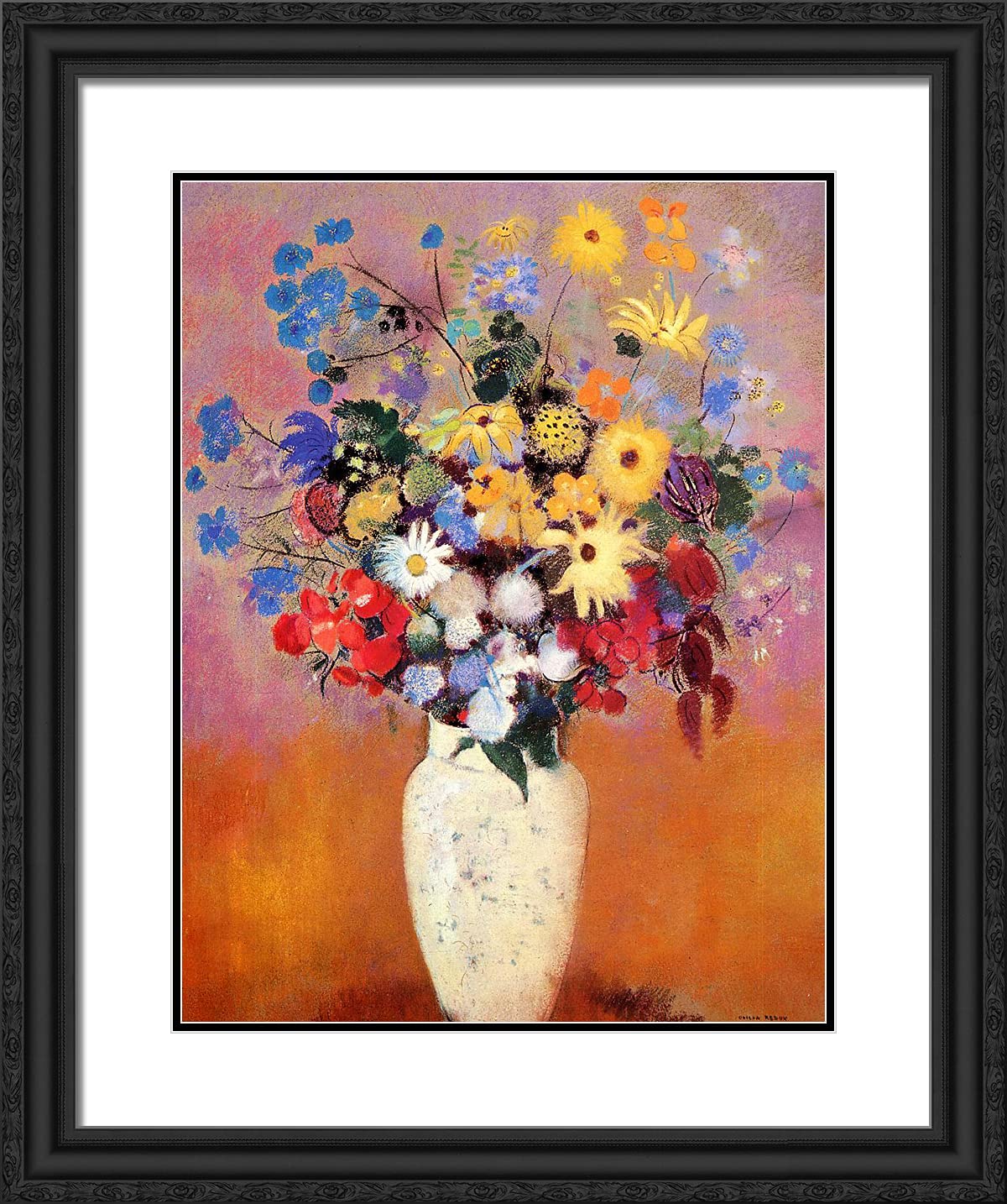 Odilon Redon 'White Vase With Flowers' 20x24 Inch Black Ornate Framed Art Print with Double Matting - Perfect for Living Room, Bedroom & Office Wall Decor