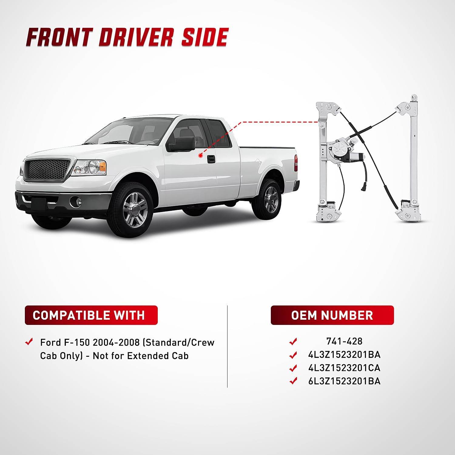 2004-2008 Ford F150 Power Window Regulator - Front Driver Side Replacement for Standard & Crew Cab Models - Easy DIY Installation for Smooth Window Operation