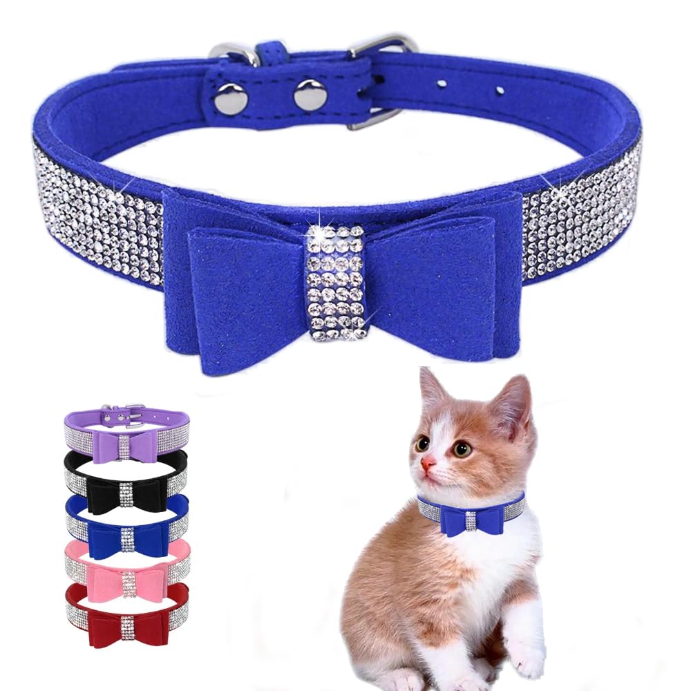 Sparkly Dark Blue Rhinestone Dog Collar with Bow - Adjustable Bling Pet Collar for Small Dogs, Puppies & Kittens - Perfect for Yorkie, Chihuahua & Female Cats - Elegant Jewelry Collar for Parties, Photos & Special Occasions