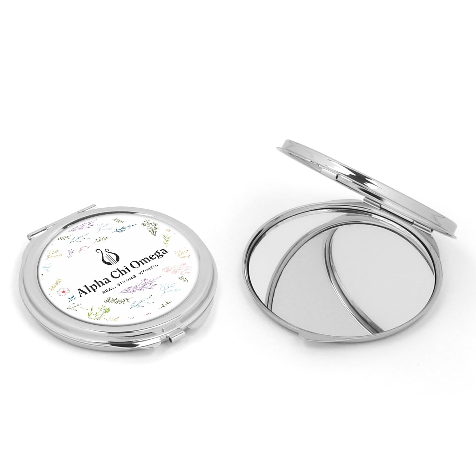 Alpha Chi Omega Sorority Compact Mirror - Round Portable Makeup Mirror with Double Cosmetic Pockets - Perfect for Sorority Sisters, Travel & Touch-ups