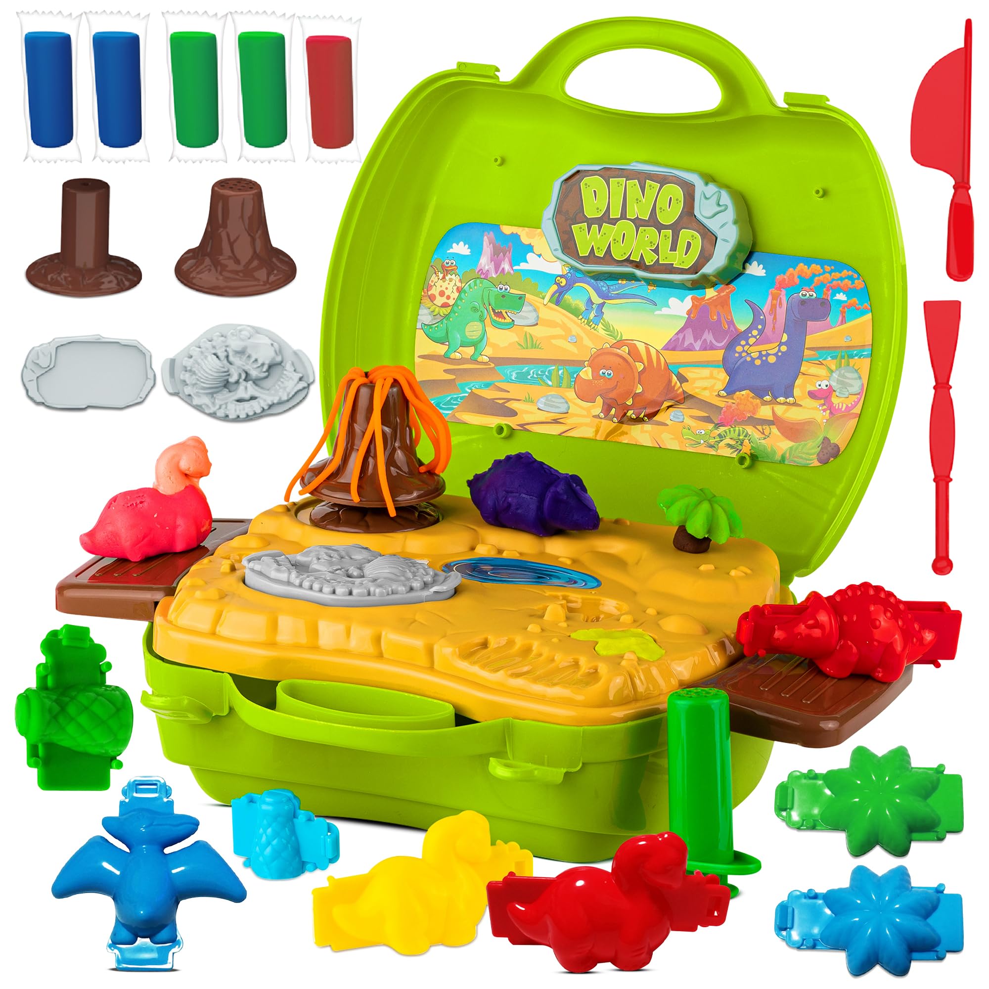 Dinosaur Play Dough Kit for Kids Ages 2-4 | 30-Piece Clay Set with Dinosaur, Volcano & Fossil Molds, Tools & Storage Case | Fun Sensory Play & Creative Learning Activity for Toddlers