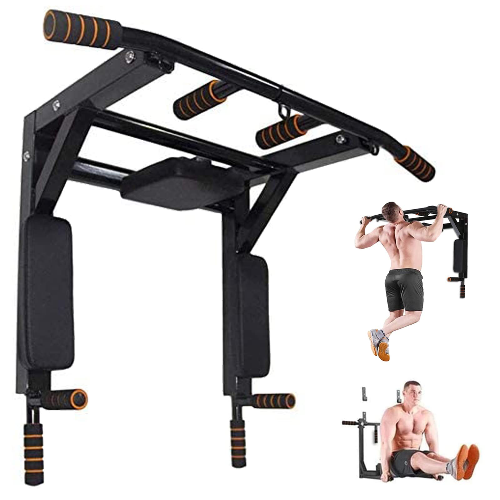 PTLSY Wall Mounted Pull Up Bar - Heavy Duty Multi-Grip Chin Up Bar & Dip Station for Home Gym - Supports 440 lbs - Perfect for Indoor Workouts & Strength Training