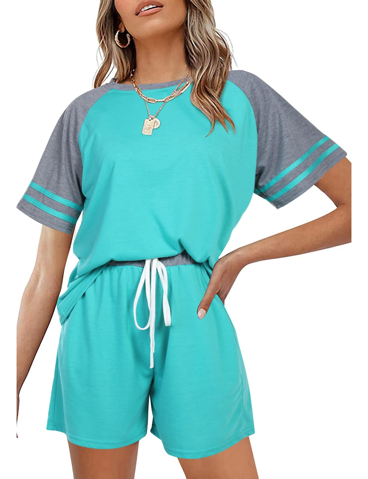 Surenow Women's Short Sleeve Tracksuit Set - Comfortable 2-Piece Loungewear Outfit, Casual Pajama Set for Home, Yoga & Relaxation