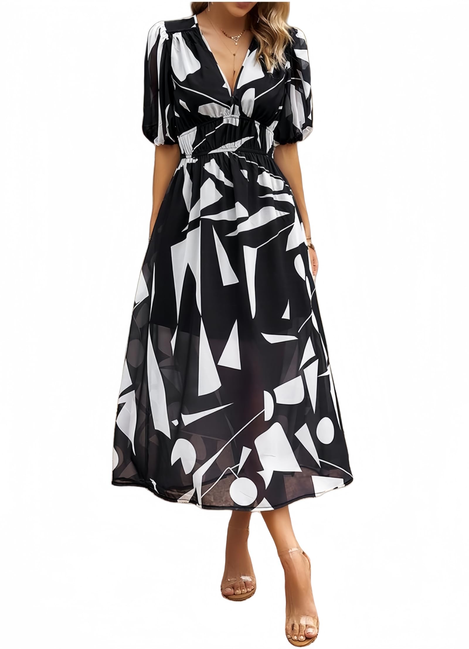 2024 Women's Summer Dresses - Boho Floral V-Neck Maxi Dress with Short Sleeves | Casual Beach Wear, Vacation Outfit & Outdoor Date Night Dress