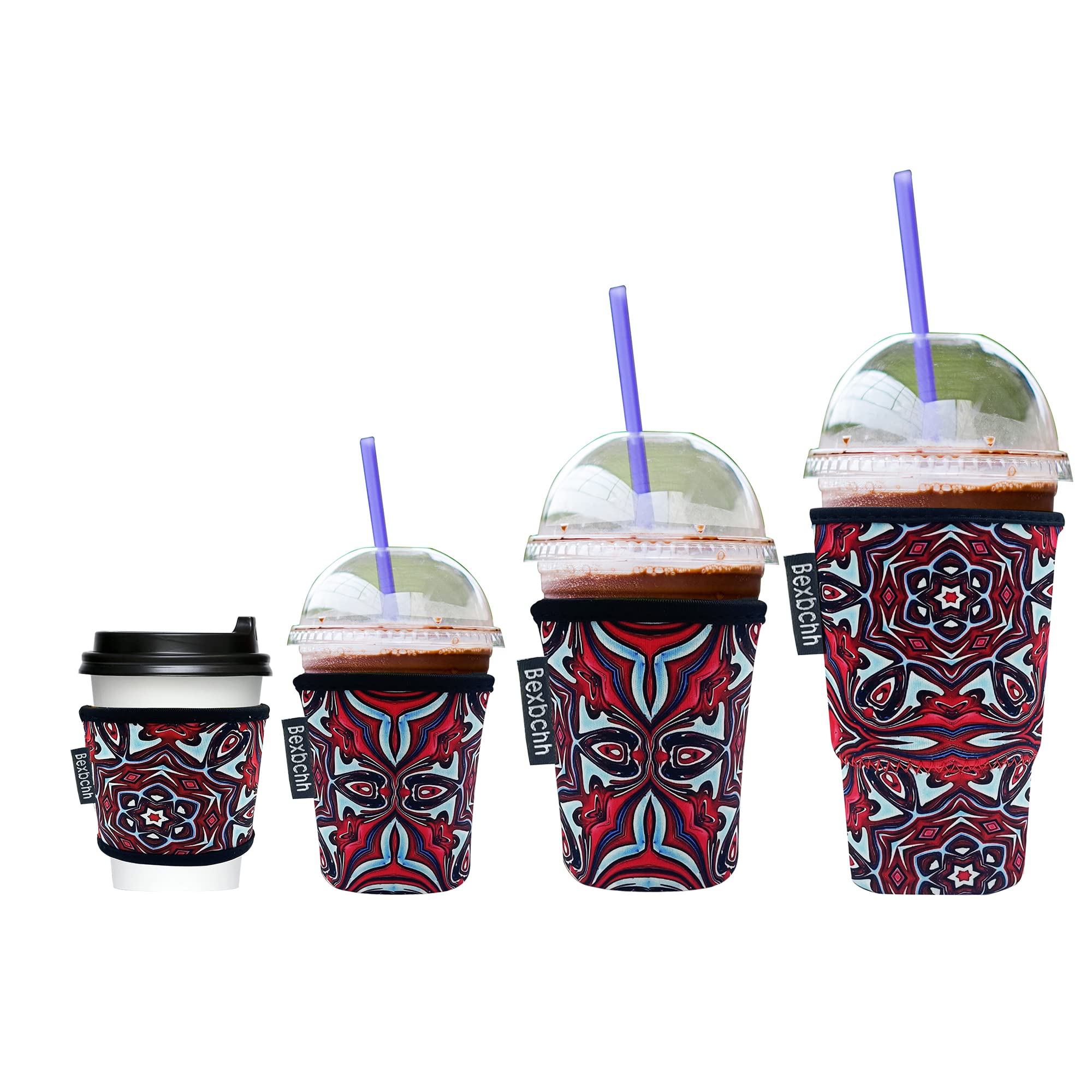 Reusable Iced Coffee Sleeves 4-Pack - Neoprene Insulator for Cold Drinks (Red Mandala) - Perfect for Starbucks & Dunkin