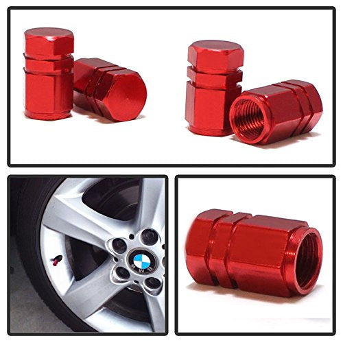 (4) Red Anodized Aluminum Tire Valve Caps - Hexagon Racing Style - Durable & Stylish Car Accessories for Sports Cars, Motorcycles & Bikes - Perfect for Car Enthusiasts & Auto Upgrades
