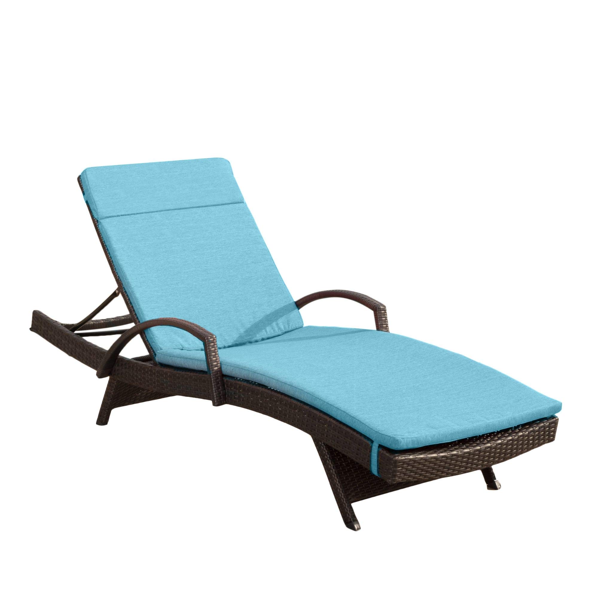 2-Piece Brown Wicker Outdoor Chaise Lounge Set with Blue Cushions - Modern Patio Furniture for Poolside, Garden & Backyard Relaxation