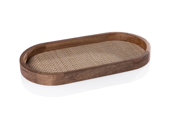 Handmade Mango Wood Rattan Inlay Oval Serving Tray - Elegant Home Decor for Dining, Coffee Table, or Gift Giving - Perfect for Entertaining Guests or Organizing Essentials
