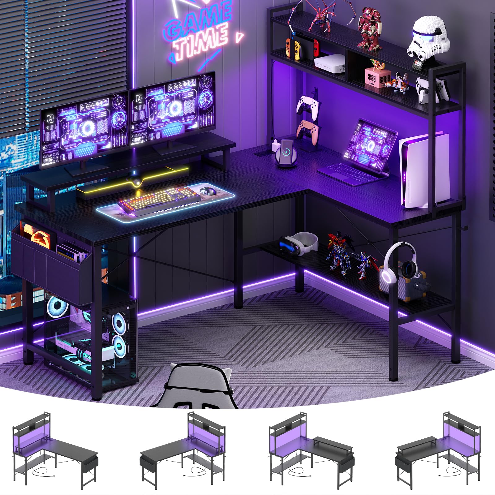 L-Shaped Gaming Desk with Power Outlets & LED Lights - Corner Computer Desk with Monitor Stand & Storage Shelf - Home Office & Writing Desk with Storage Bag (Black) - Perfect for Small Spaces, Gaming Setups & Workstations