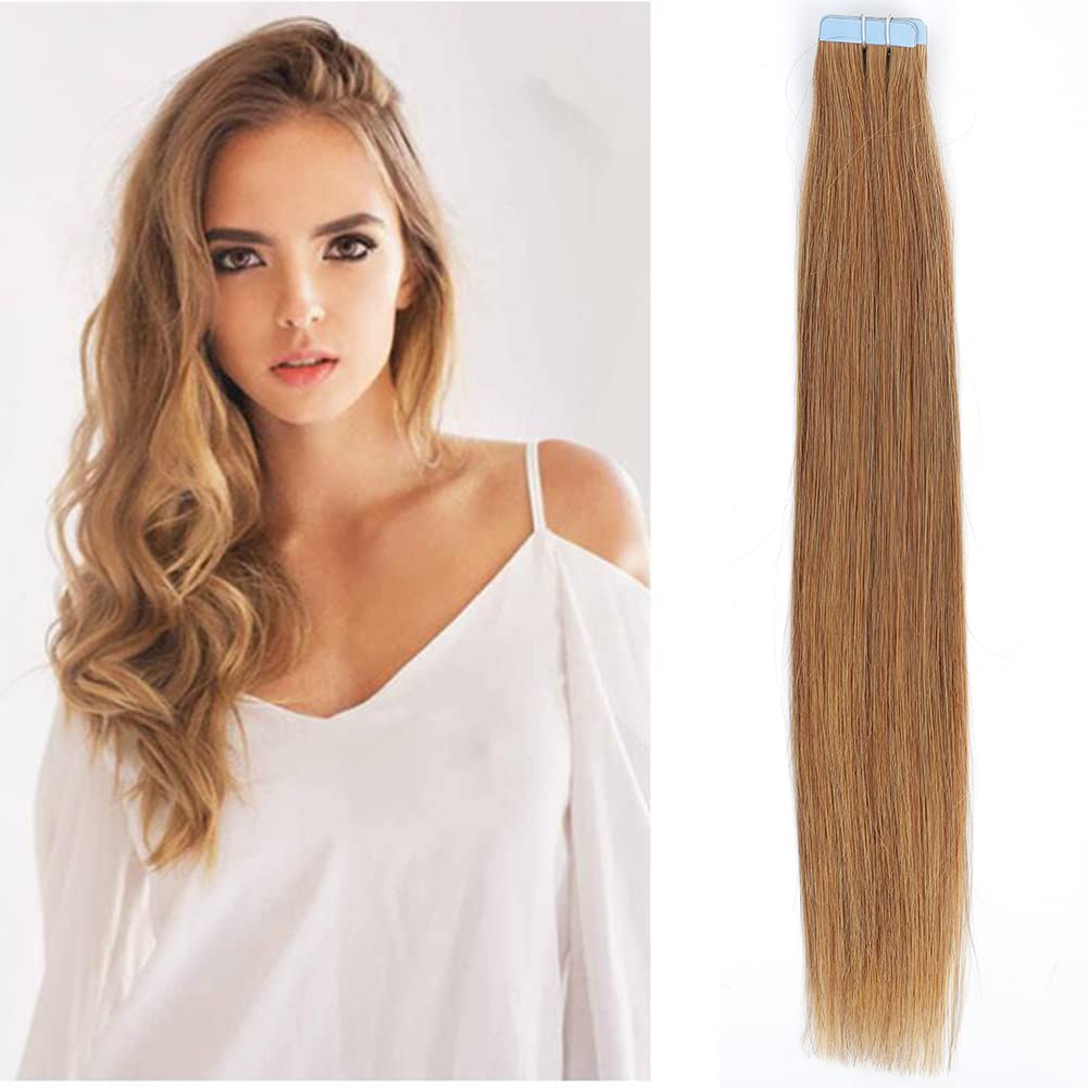 Amella Hair Tape in Human Hair Extensions - Silky Straight Remy Hair 24 Inches #27 Light Brown - 20pcs 40g for Seamless Blending & Natural Volume - Perfect for Weddings, Parties & Daily Styling