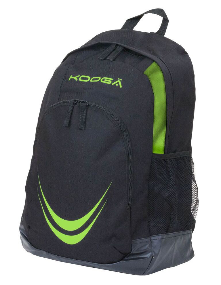 Kooga Essentials Adults Rugby Backpack - Black/Lime - Durable Sports Bag for Training, Travel & Gym