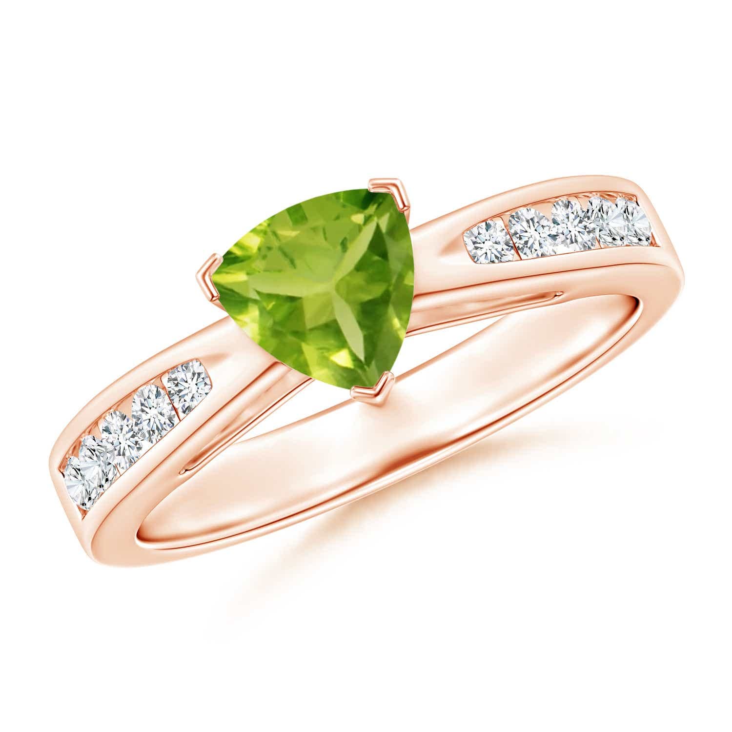 14K Rose Gold Trillion Peridot Solitaire Ring with Diamond Accents - 6mm August Birthstone Jewelry for Women, Perfect for Anniversary Gifts & Special Occasions