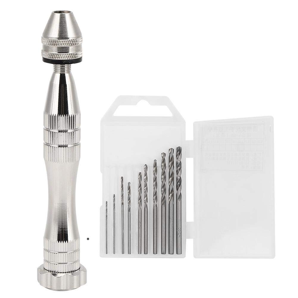 Silver Mini Aluminum Alloy Hand Twist Drill with 10 Different Bits - Precision Woodworking & Crafting Tool for Model Making, Jewelry Repair & DIY Projects