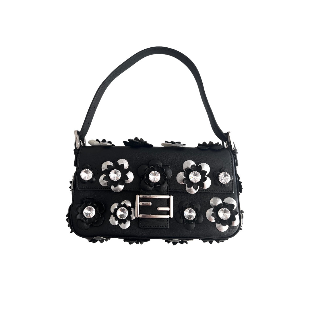 Fendi 3D Floral Black Leather Baguette Handbag - Elegant Crossbody Purse for Women, Perfect for Parties, Dates & Evening Events
