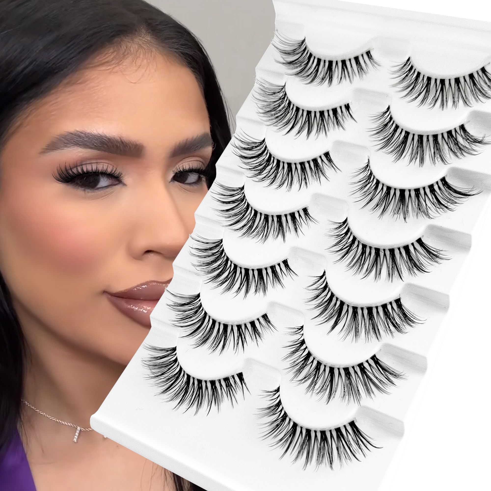 Natural Look Wispy False Eyelashes 14mm - 3D Faux Mink Lashes (7 Pairs) | Cat Eye Lash Strips for Everyday Wear & Special Occasions | NINGLASH