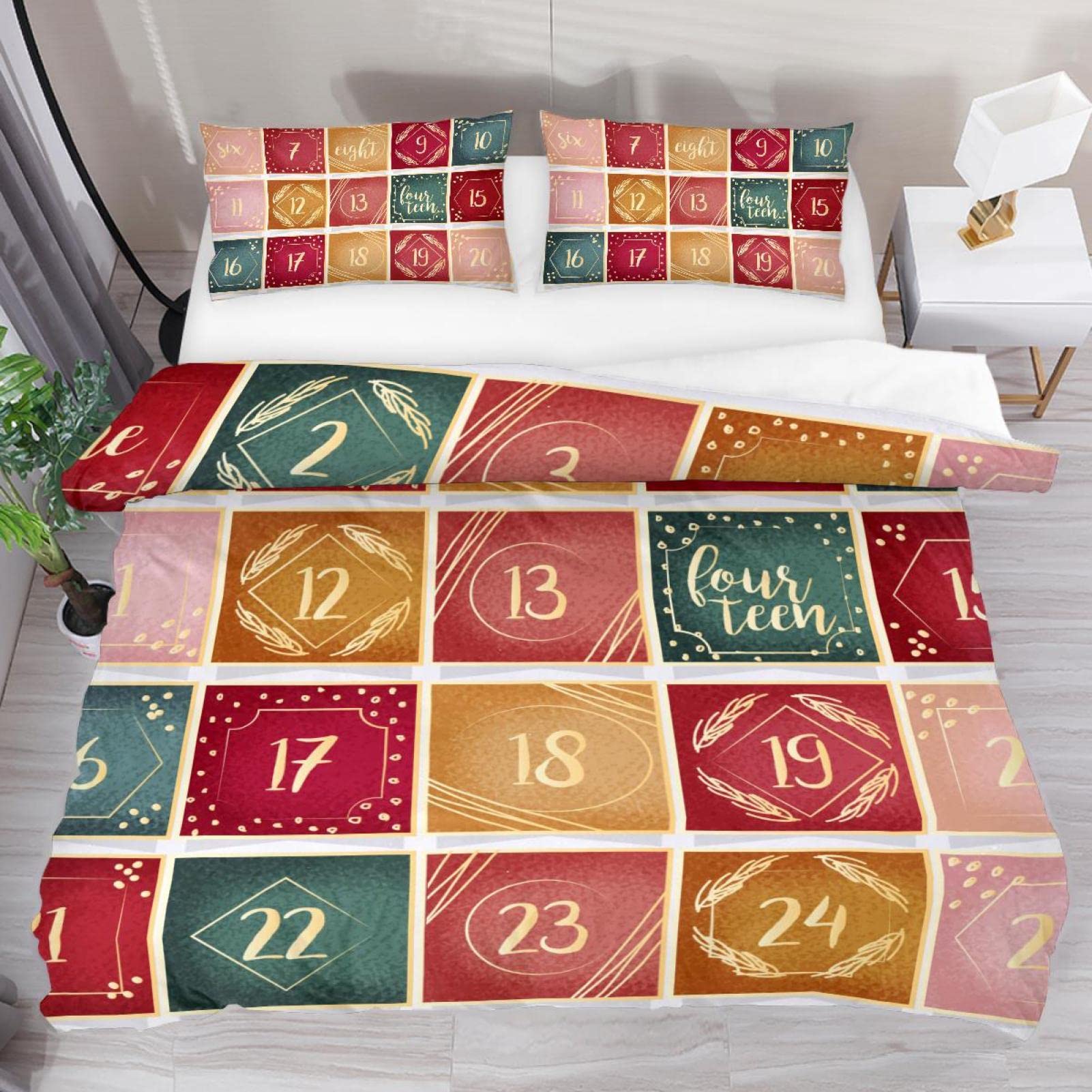 3pcs Ultra Soft Duvet Cover Set - Gold Retro Christmas Advent Calendar Pattern Bedding for Kids & Teens, Breathable Duvet Cover with 2 Pillow Shams | Perfect for Holiday Decor, Cozy Bedroom & Gift Giving