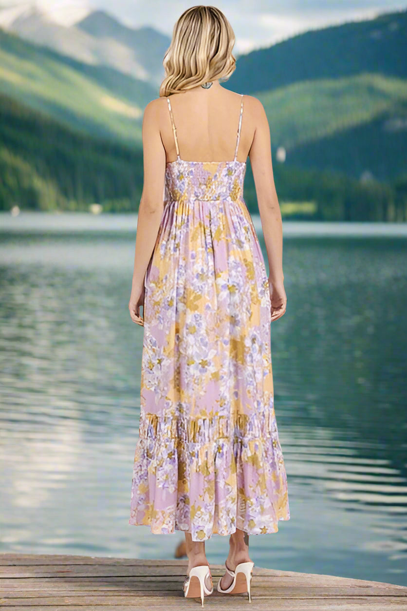Floral Ruffled Hem Summer Maxi Cami Dress - Women's Boho Flowy Beach Dress for Vacation, Party & Date Night