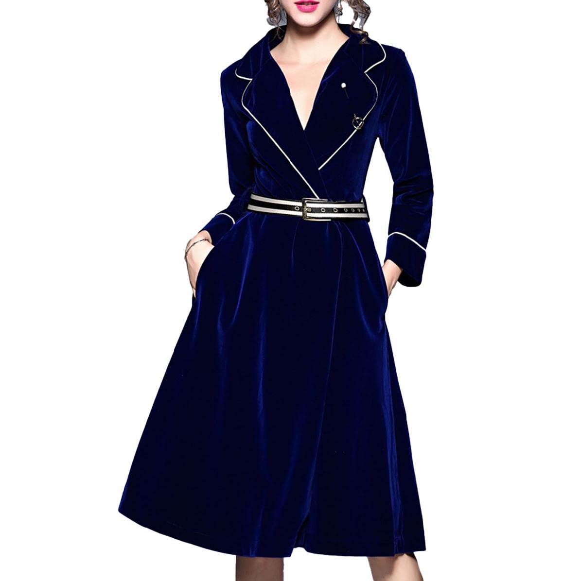 Women's Slim Wool Blend Trench Coat - Vintage Velvet Lapel Long Sleeve Pea Coat Dress for Office, Party & Winter Fashion