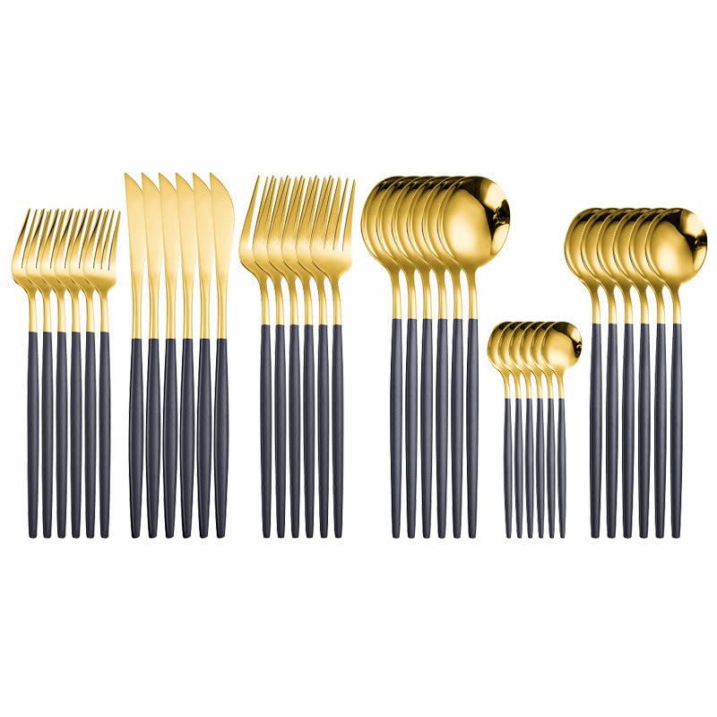 36-Piece Stainless Steel Silverware Set - Black Gold Dessert Forks, Spoons & Knives for Dining, Kitchen & Tableware | Elegant Cutlery for Restaurants, Parties & Home Use