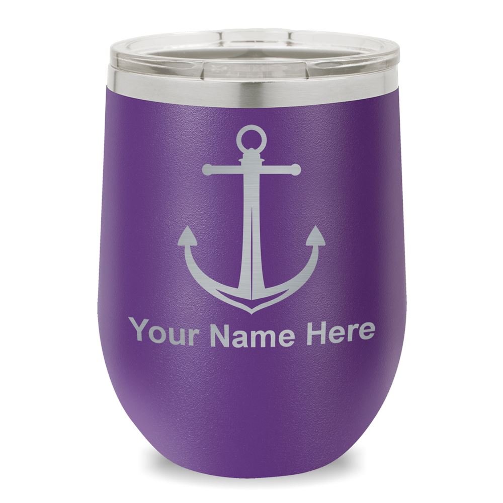 Personalized Engraved Wine Glass Tumbler with Boat Anchor Design - Dark Purple Stemless Cup for Wine Lovers, Perfect for Parties, Weddings & Home Bar Decor