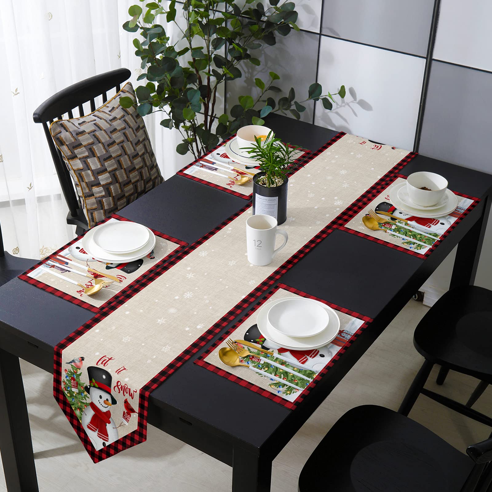 Cotton-Linen Table Runner and Placemats Set of 4 - Christmas Tree Snowman Retro Red Lattice Table Decor - Heat-Resistant Modern Table Mats for Party Wedding Dinner Decorations - Perfect for Holiday Dining, Festive Gatherings & Home Decor