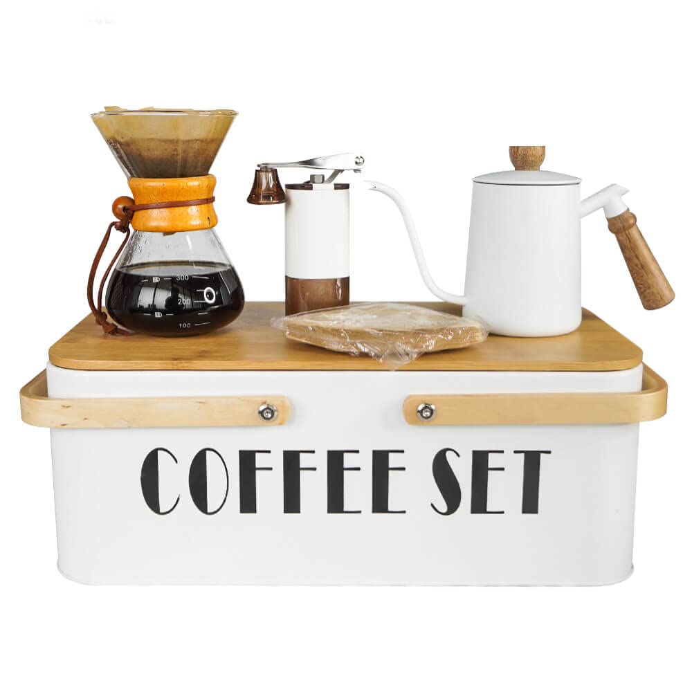 Premium Portable Pour Over Coffee Maker Set - 20oz White Gooseneck Kettle, Manual Coffee Grinder, Glass Dripper with Wooden Collar & 100 Filters | Complete Travel Coffee Brewing Kit for Home, Office & Camping