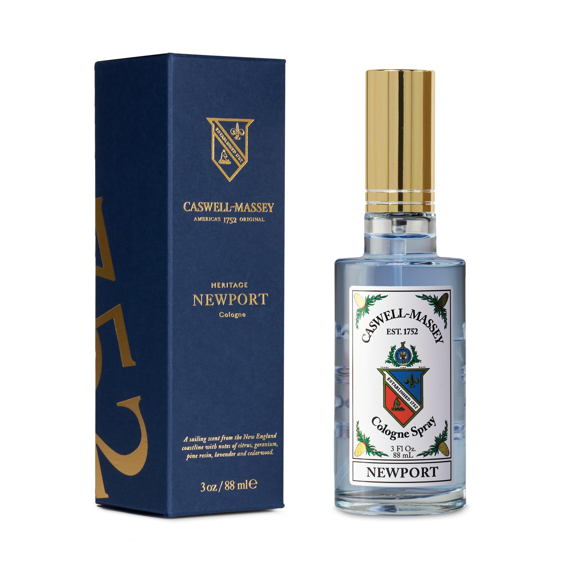 Caswell-Massey Newport Gold Cap Cologne for Men | Original American Seaside Fragrance | Fresh, Cool & Ocean-Inspired Scent | 3 Fl Oz Eau de Cologne | Perfect for Summer Days, Beach Outings & Office Wear