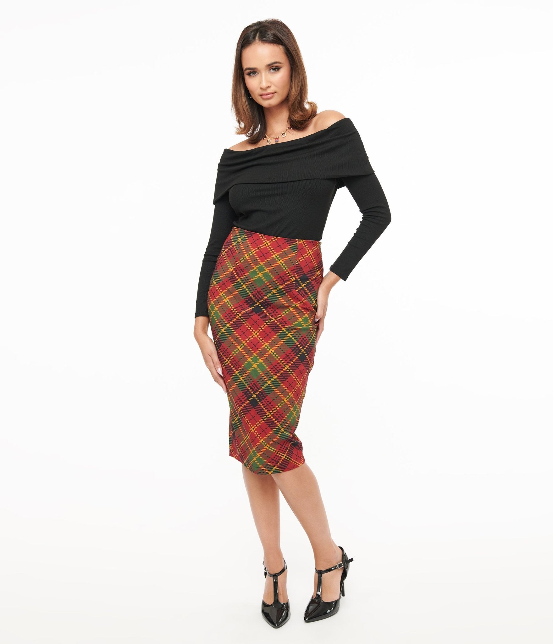 Vintage 1950s Burnt Orange & Green Plaid Tracy Pencil Skirt - Retro High Waist Slim Fit Women's Skirt for Office, Party & Everyday Wear