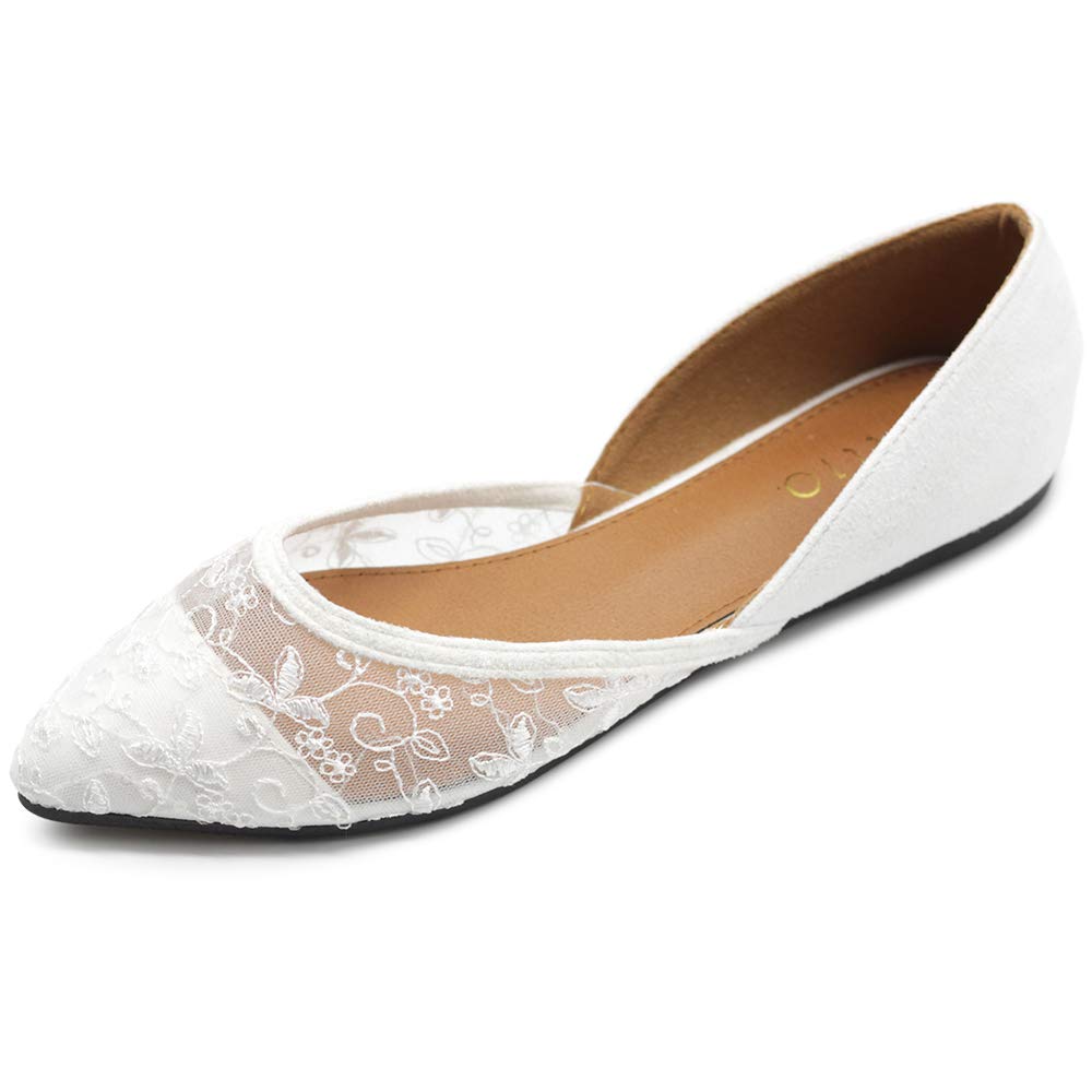 Ollio Women's Floral Lace Ballet Flats - Faux Suede Pointed Toe Breathable Mesh Shoes for Women | Perfect for Work, Weddings & Casual Outfits