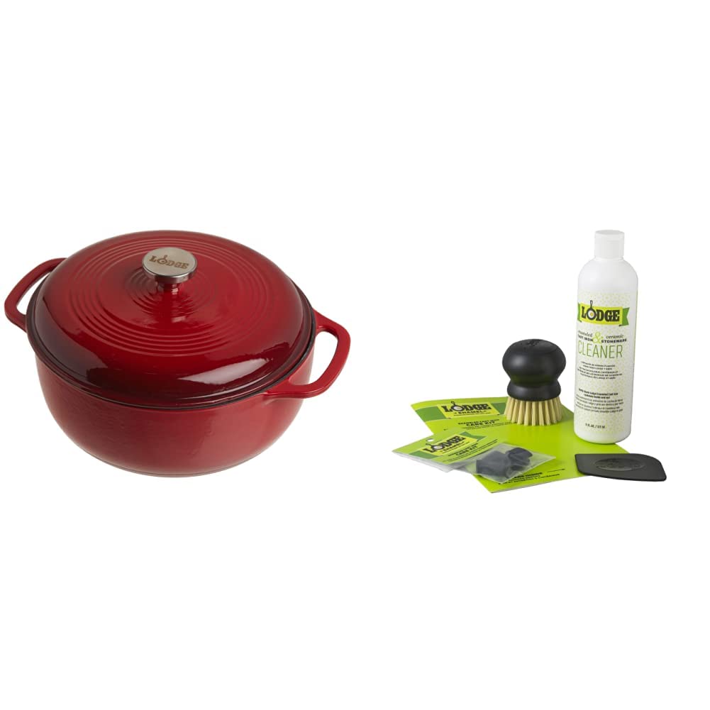 Lodge EC6D43 6-Quart Enameled Cast Iron Dutch Oven in Island Spice Red with 12 oz Cast Iron & Stoneware Care Kit – Perfect for Slow Cooking, Braising, and Baking at Home or Camping