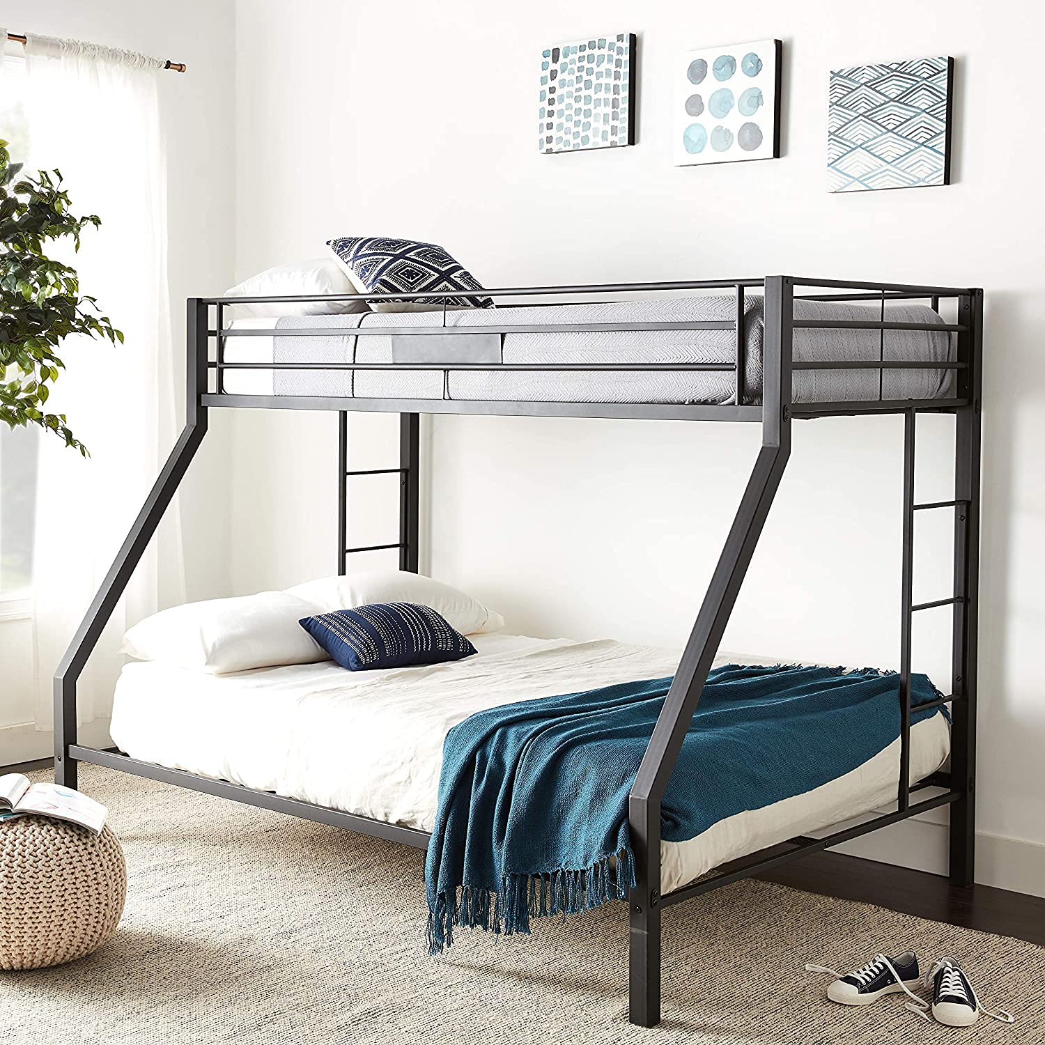 Heavy Duty Twin XL Over Queen Bunk Bed Frame - Thick Metal Construction for Adults, Kids & Teens - Sandy Black Finish - Perfect for Small Spaces, Dorms, Guest Rooms & Shared Bedrooms